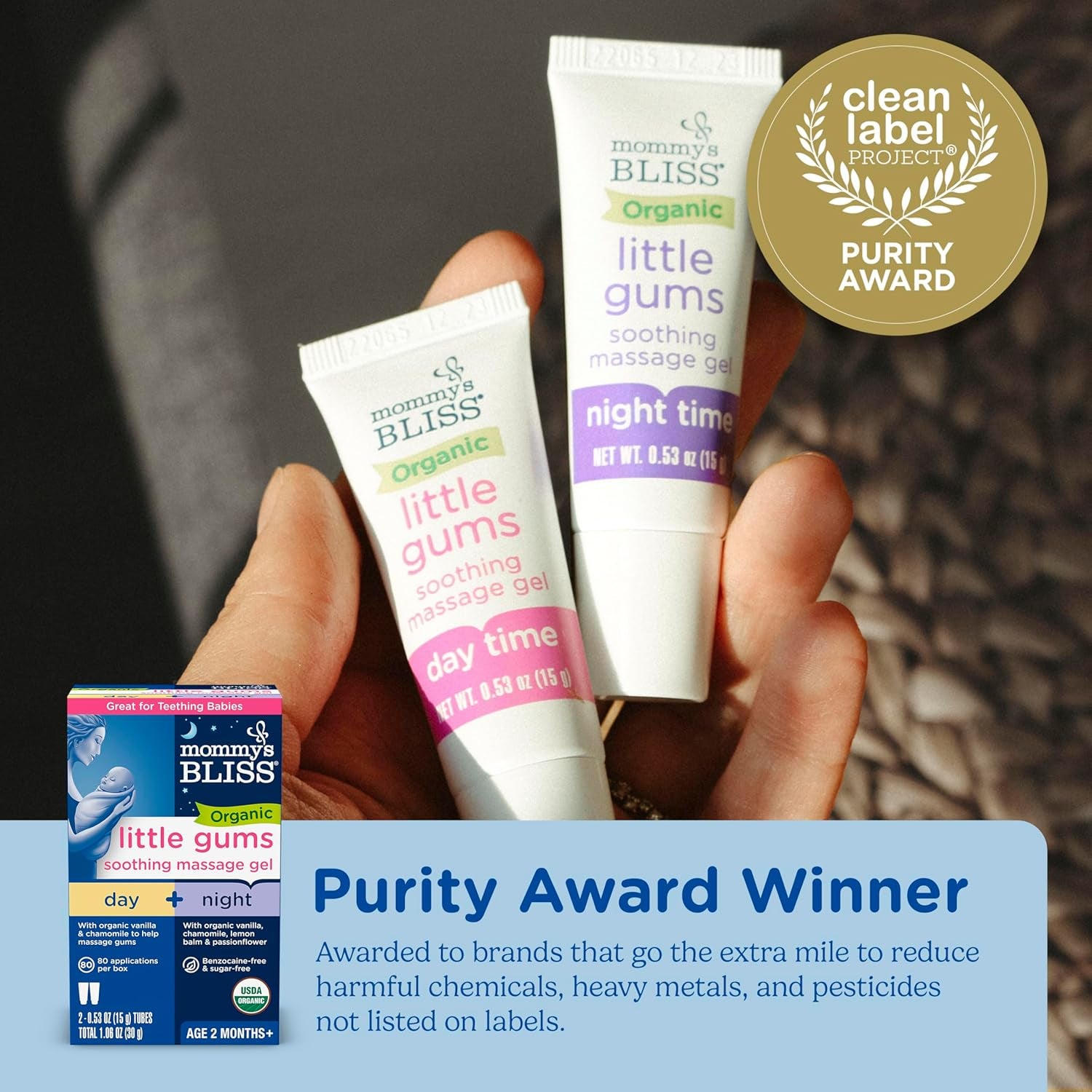Organic Little Gums Soothing Massage Gel Day and Night Combo, Great for Teething Babies, Age 2 Months+, Sugar Free, Mild & Sweet Flavor, 2 - 0.53 Oz Tubes (Pack of 1)