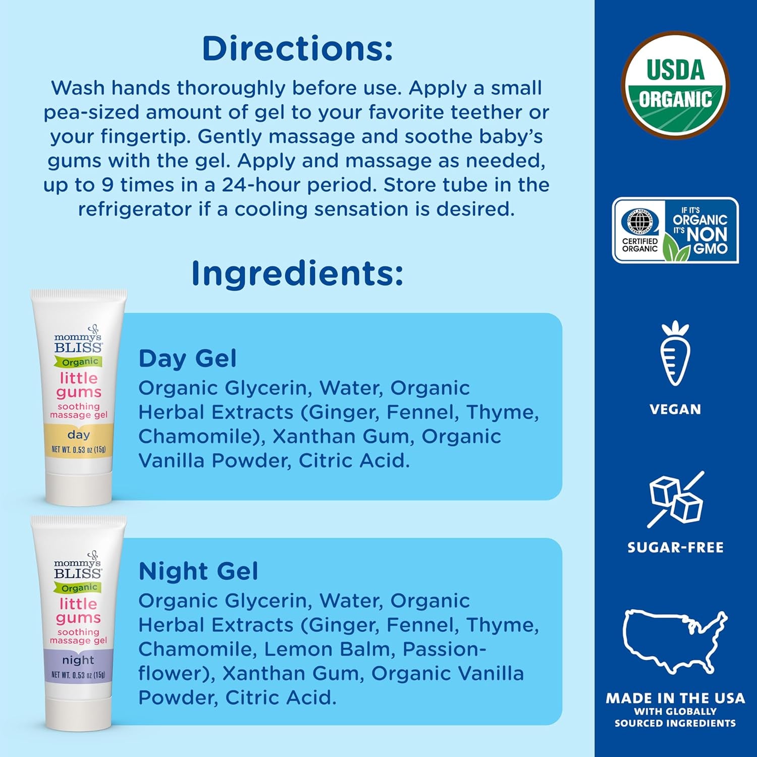 Organic Little Gums Soothing Massage Gel Day and Night Combo, Great for Teething Babies, Age 2 Months+, Sugar Free, Mild & Sweet Flavor, 2 - 0.53 Oz Tubes (Pack of 1)