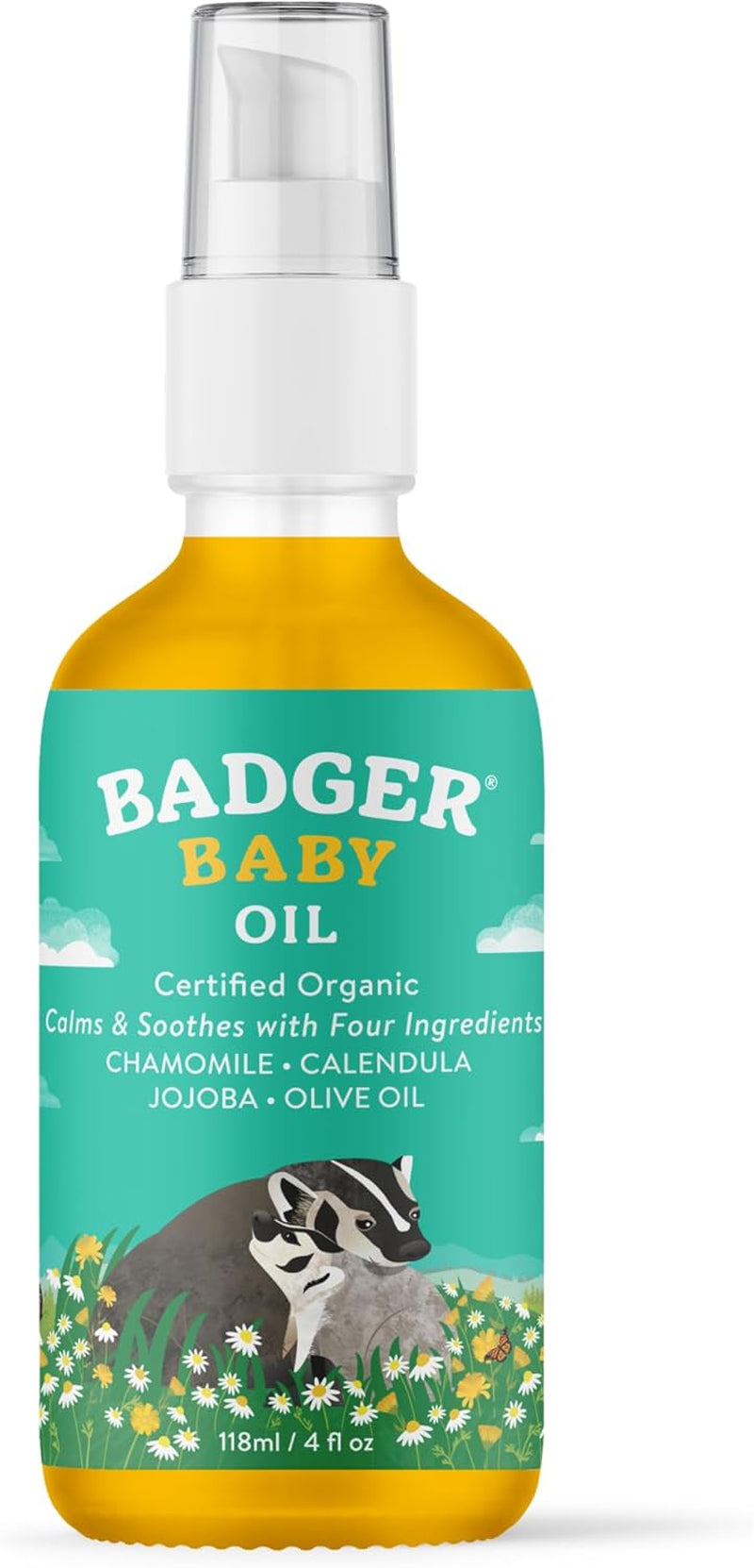 Baby Oil, 100% Organic Ingredients to Soften & Moisturize Dry Skin or Cradle Cap, Soothing Vegan Organic Baby Oil, 4 Fl Oz Glass Bottle