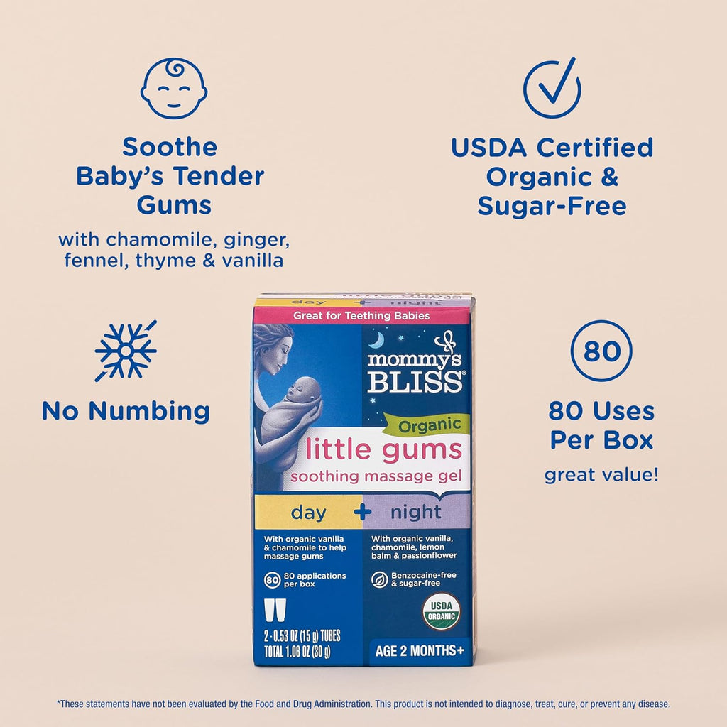 Organic Little Gums Soothing Massage Gel Day and Night Combo, Great for Teething Babies, Age 2 Months+, Sugar Free, Mild & Sweet Flavor, 2 - 0.53 Oz Tubes (Pack of 1)