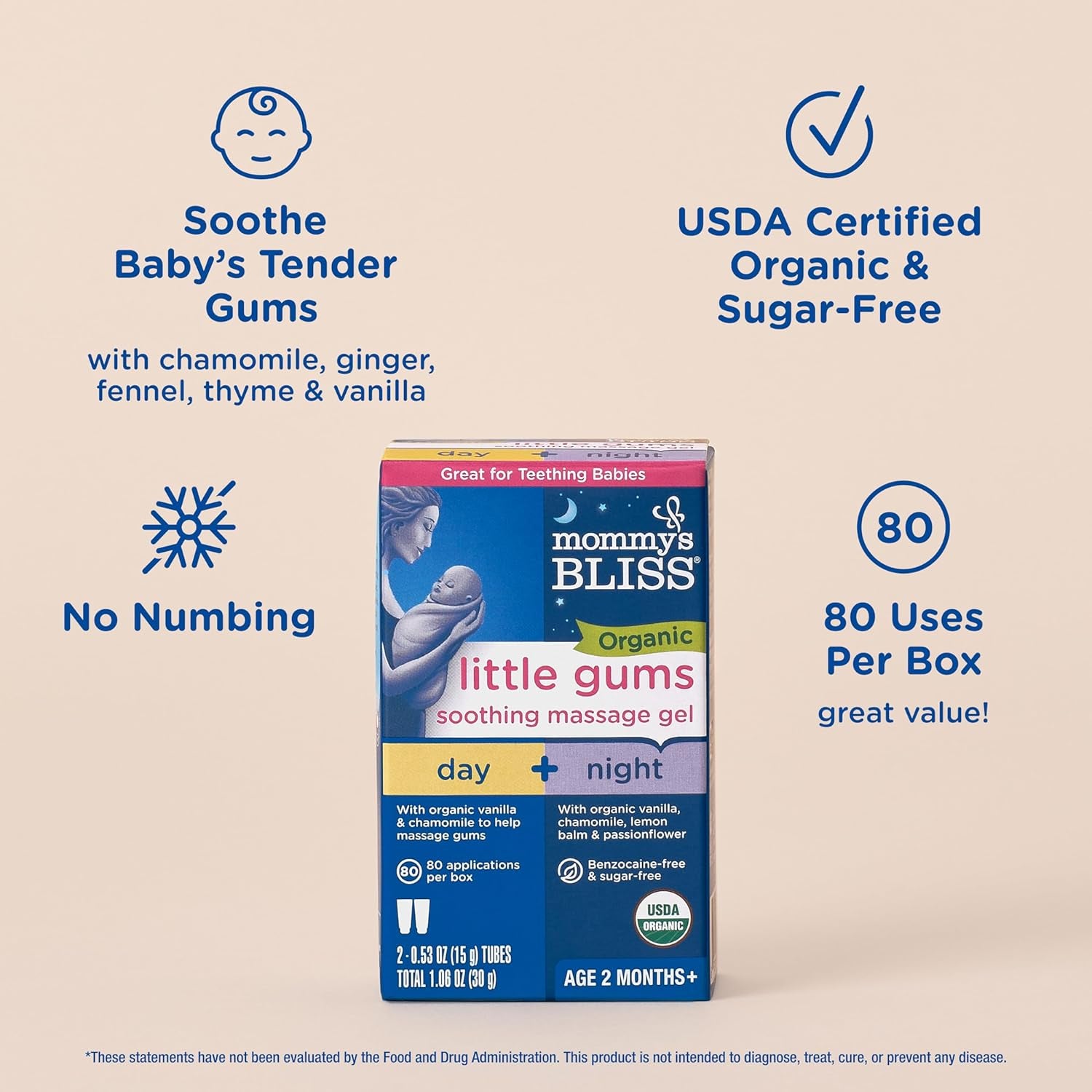 Organic Little Gums Soothing Massage Gel Day and Night Combo, Great for Teething Babies, Age 2 Months+, Sugar Free, Mild & Sweet Flavor, 2 - 0.53 Oz Tubes (Pack of 1)