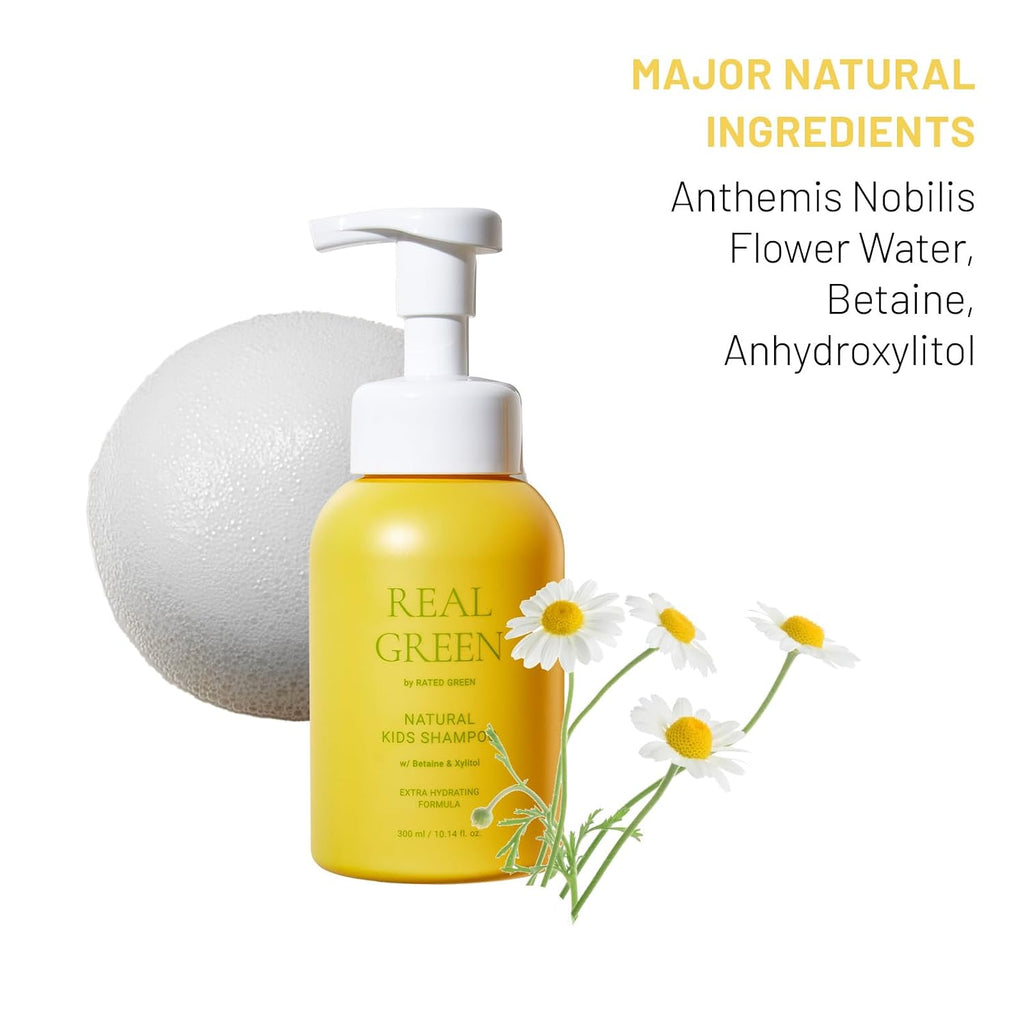 Real Green Natural Kids Shampoo | Organic Cold Brewed Chamomile, Betaine & Xylitol | for Dry Kids Hair | Silicone-Free, Korean Hair Care | 10.14 Fl. Oz