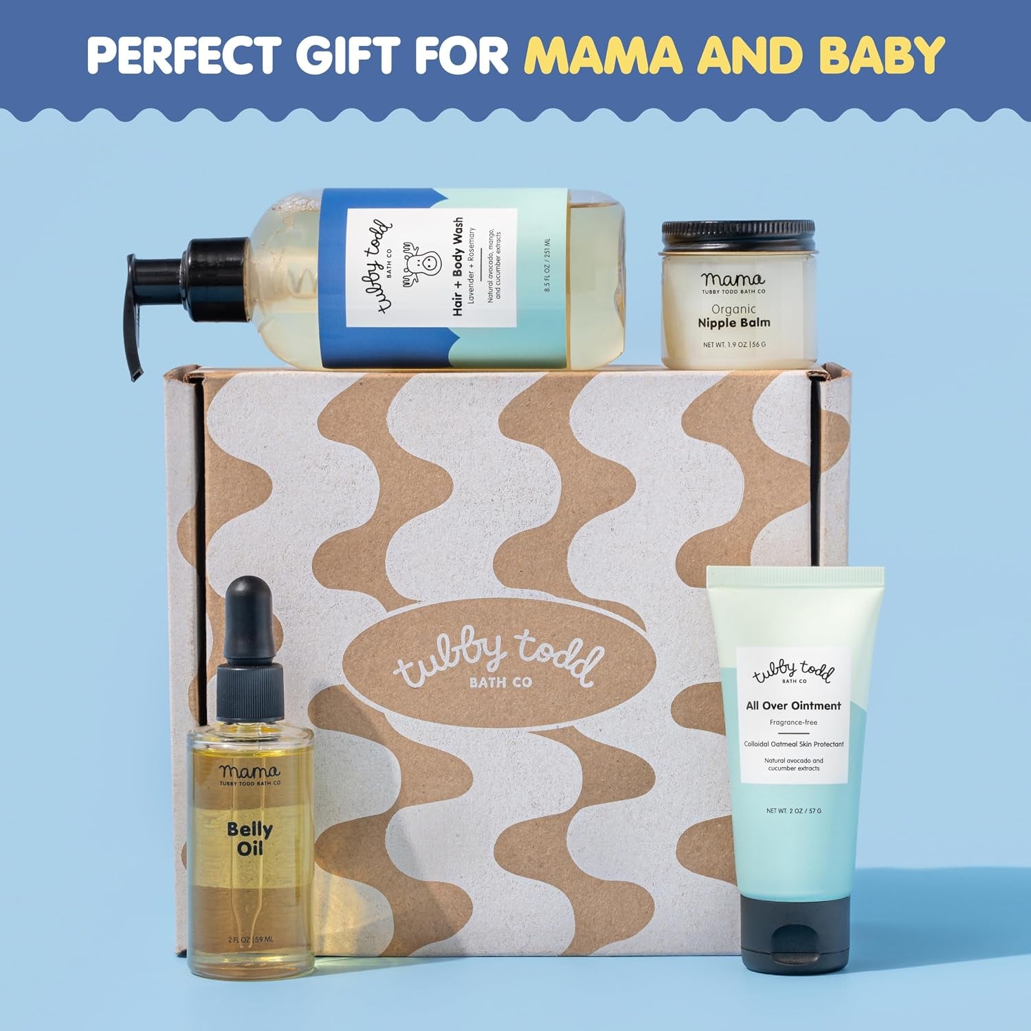 New Baby & Mom Sensitive Skincare Kit - the Mama + Baby Gift Set - Baby Shampoo and Body Wash 8.5 Oz, All over Ointment 2 Oz, Belly Oil 2 Fl Oz & Nipple Balm 1.9 Oz - Lavender Rosemary