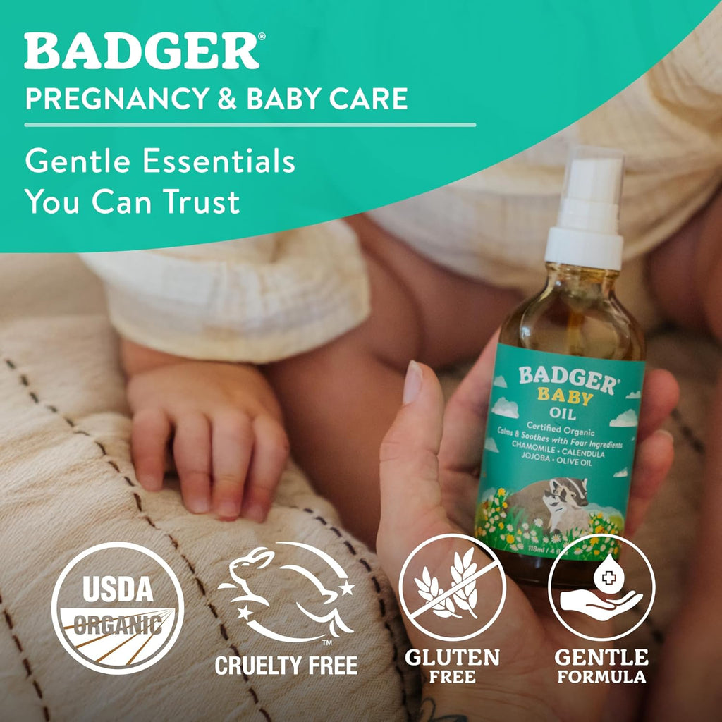 Baby Oil, 100% Organic Ingredients to Soften & Moisturize Dry Skin or Cradle Cap, Soothing Vegan Organic Baby Oil, 4 Fl Oz Glass Bottle