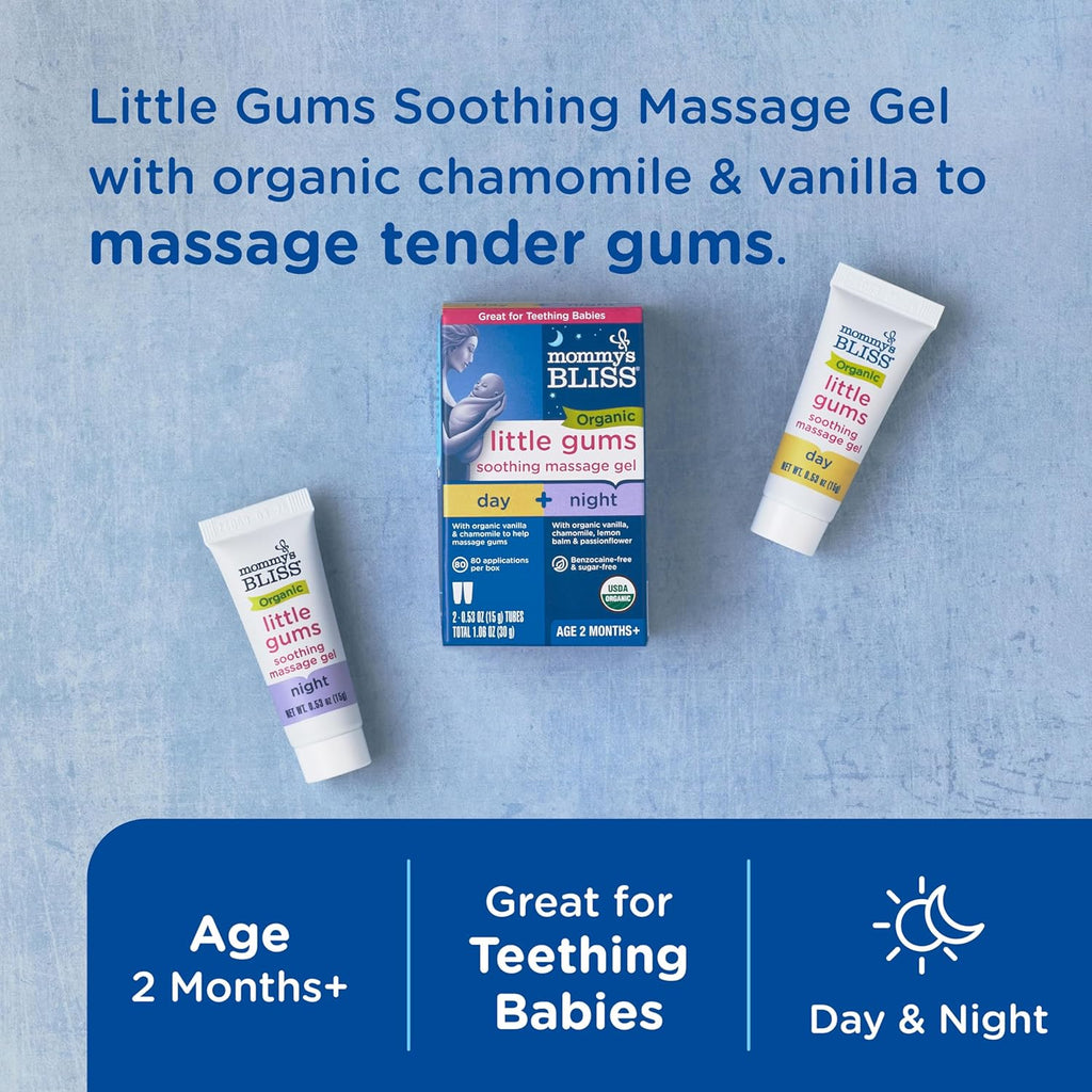 Organic Little Gums Soothing Massage Gel Day and Night Combo, Great for Teething Babies, Age 2 Months+, Sugar Free, Mild & Sweet Flavor, 2 - 0.53 Oz Tubes (Pack of 1)
