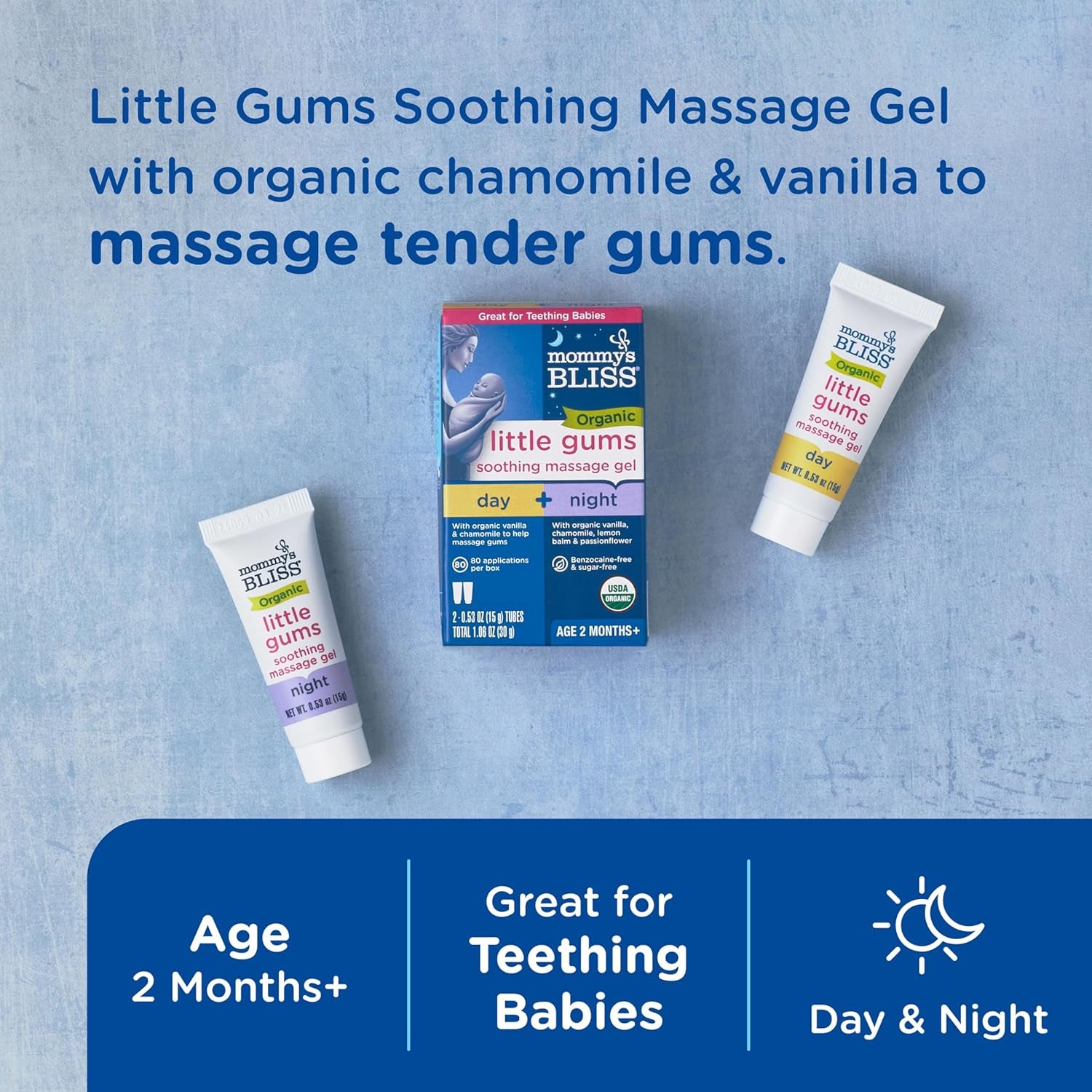 Organic Little Gums Soothing Massage Gel Day and Night Combo, Great for Teething Babies, Age 2 Months+, Sugar Free, Mild & Sweet Flavor, 2 - 0.53 Oz Tubes (Pack of 1)