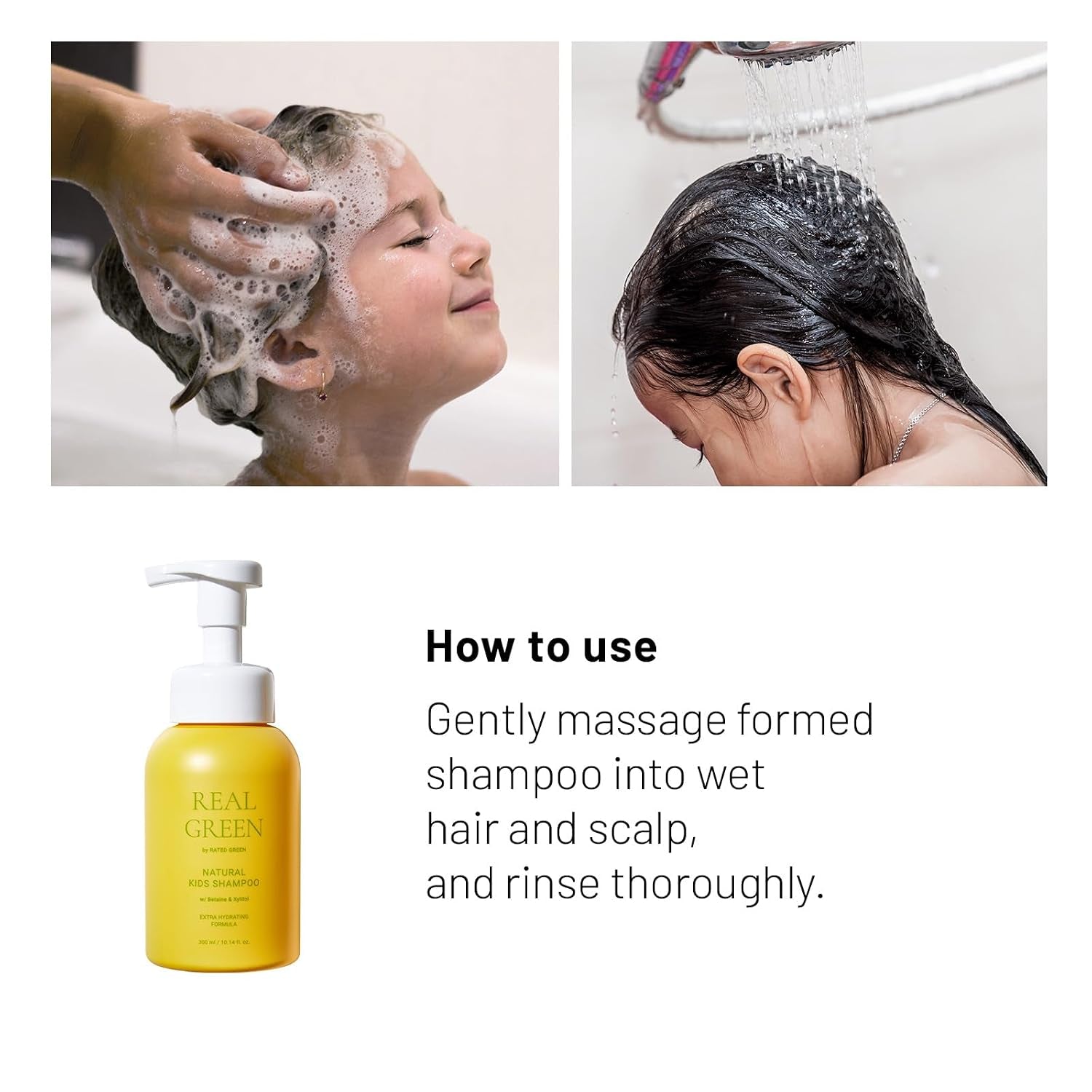 Real Green Natural Kids Shampoo | Organic Cold Brewed Chamomile, Betaine & Xylitol | for Dry Kids Hair | Silicone-Free, Korean Hair Care | 10.14 Fl. Oz