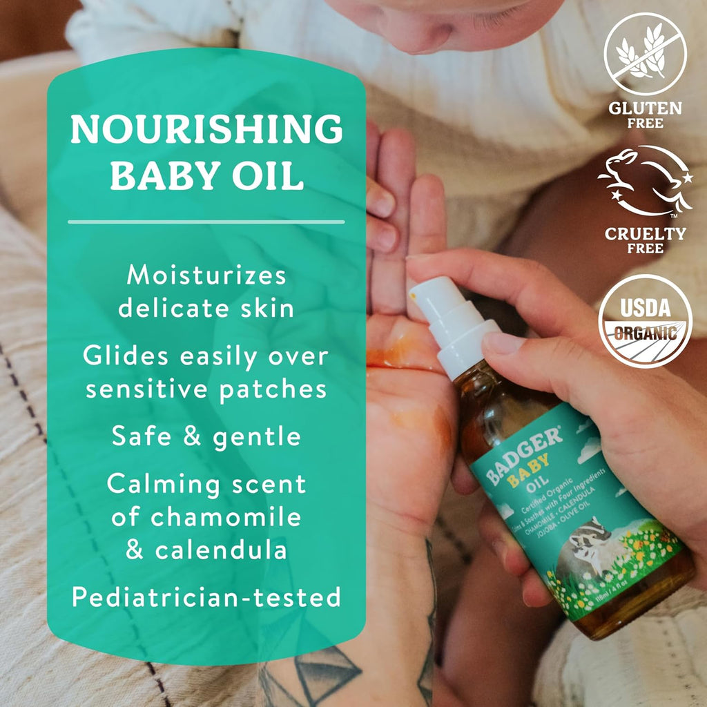 Baby Oil, 100% Organic Ingredients to Soften & Moisturize Dry Skin or Cradle Cap, Soothing Vegan Organic Baby Oil, 4 Fl Oz Glass Bottle