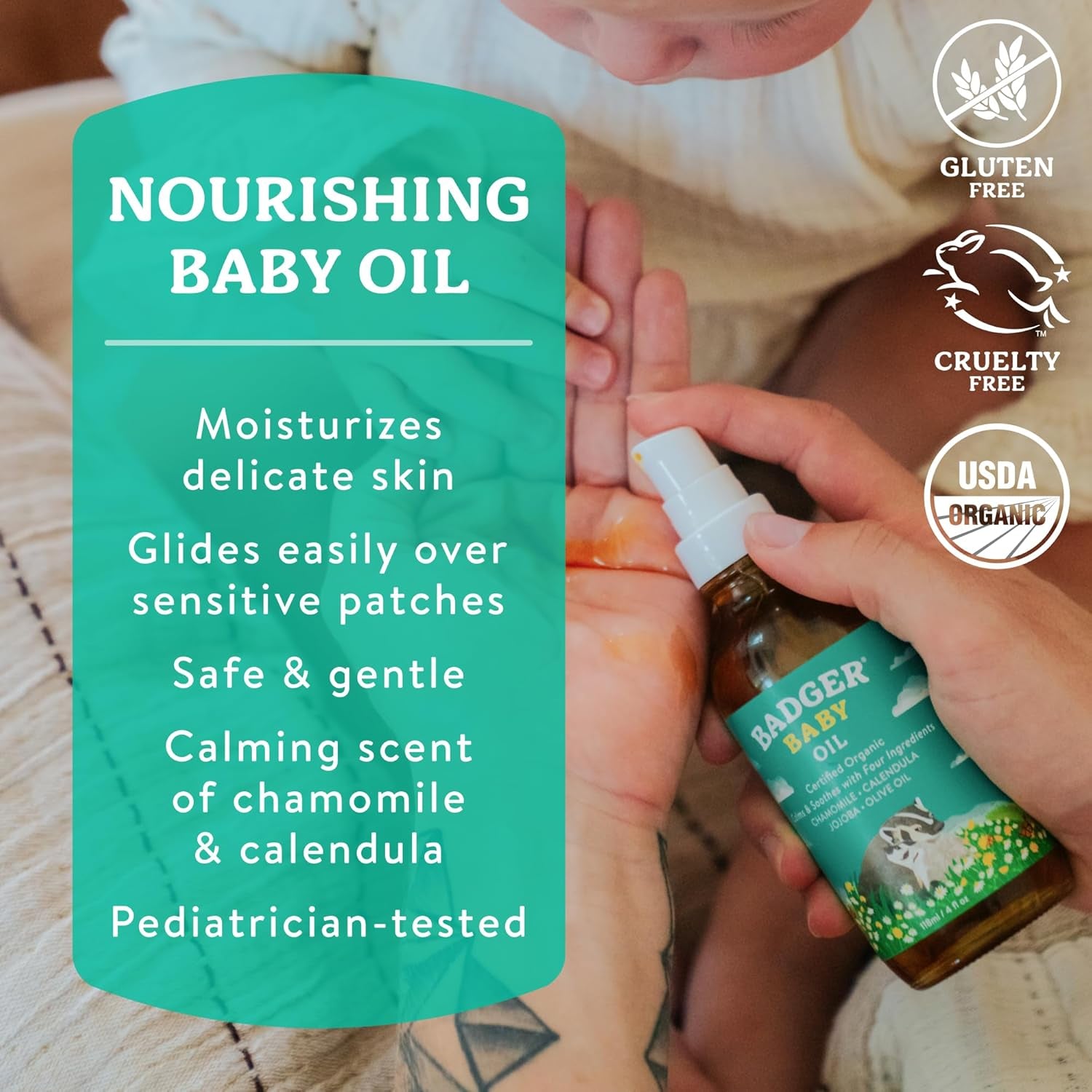 Baby Oil, 100% Organic Ingredients to Soften & Moisturize Dry Skin or Cradle Cap, Soothing Vegan Organic Baby Oil, 4 Fl Oz Glass Bottle