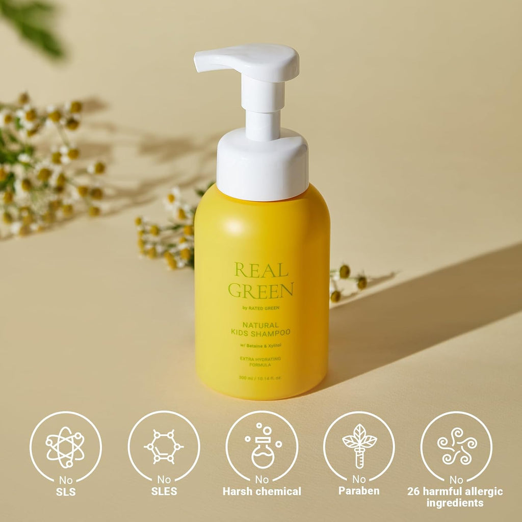 Real Green Natural Kids Shampoo | Organic Cold Brewed Chamomile, Betaine & Xylitol | for Dry Kids Hair | Silicone-Free, Korean Hair Care | 10.14 Fl. Oz