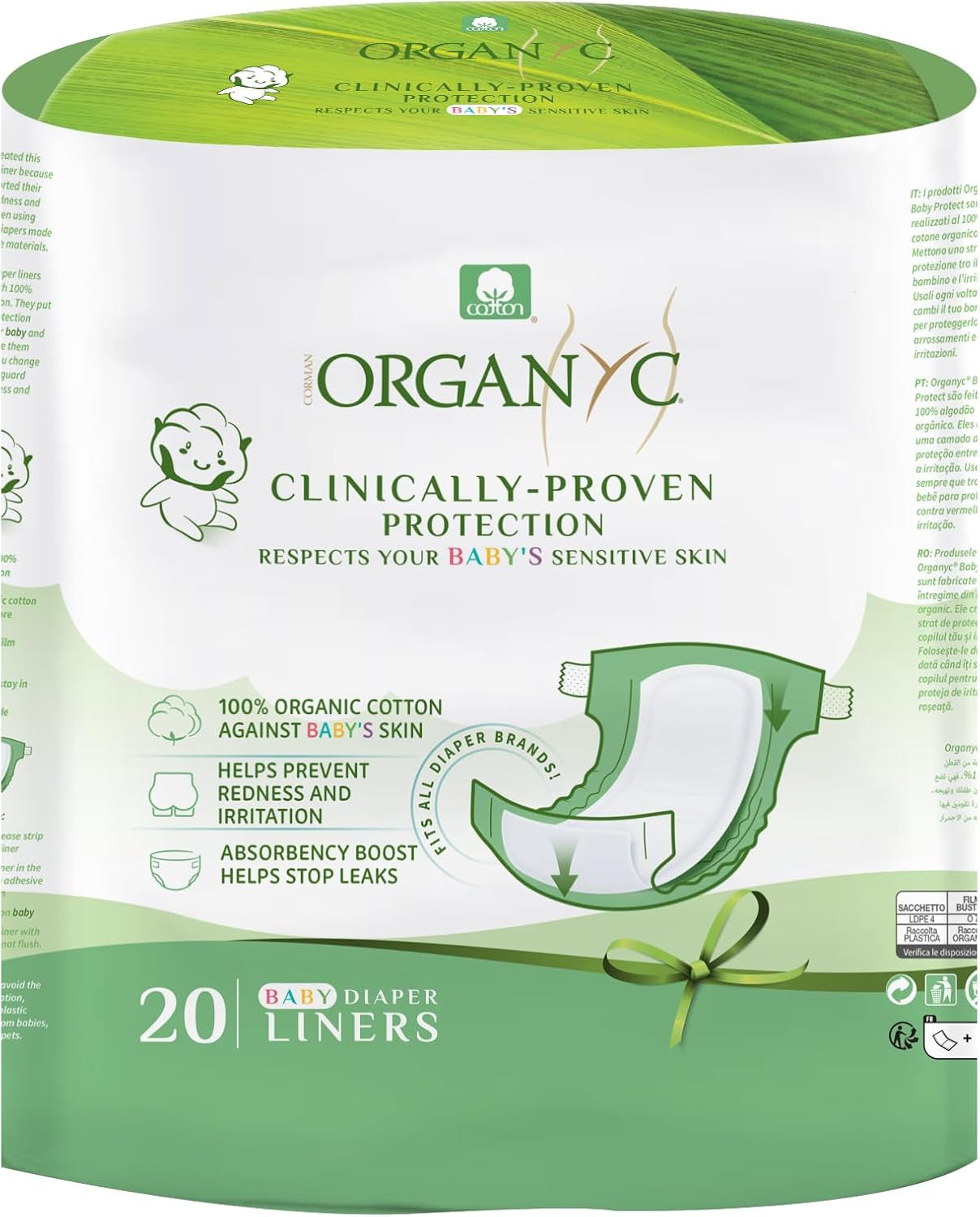 100% Certified Organic Cotton Baby Diaper Liner for Sensitive Skin, Fits All Brands and Sizes Diapers except New Born, 20 Count