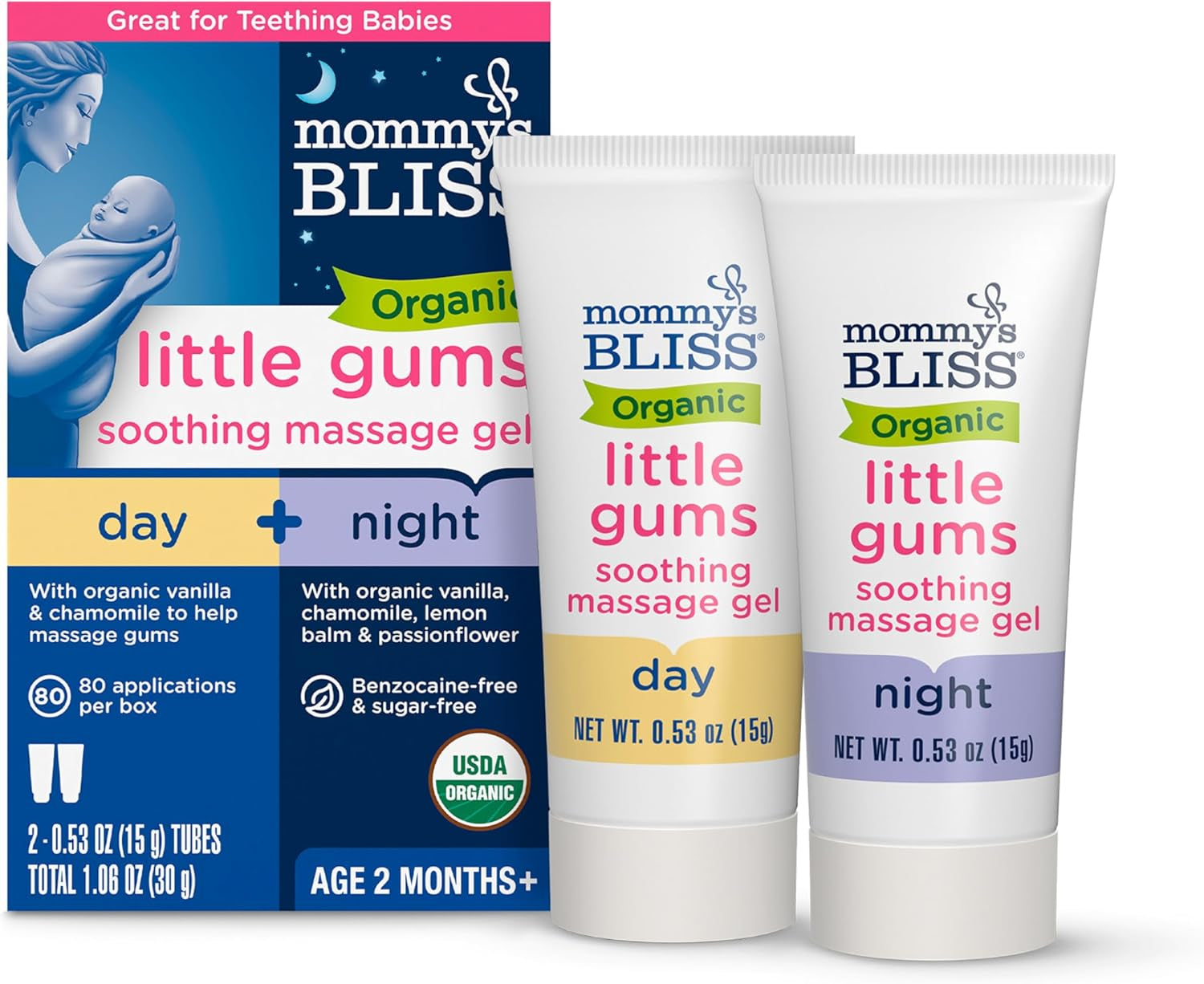 Organic Little Gums Soothing Massage Gel Day and Night Combo, Great for Teething Babies, Age 2 Months+, Sugar Free, Mild & Sweet Flavor, 2 - 0.53 Oz Tubes (Pack of 1)