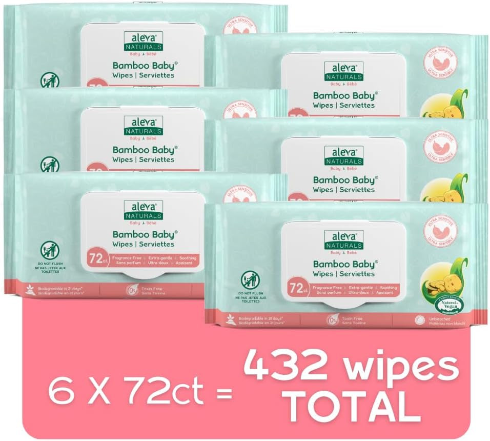 Bamboo Baby Sensitive Wipes | Unscented | Extra Strong and Ultra Soft | Natural and Organic Ingredients | Certified Vegan | 6 Packs of 72Ct - Total of 432Ct