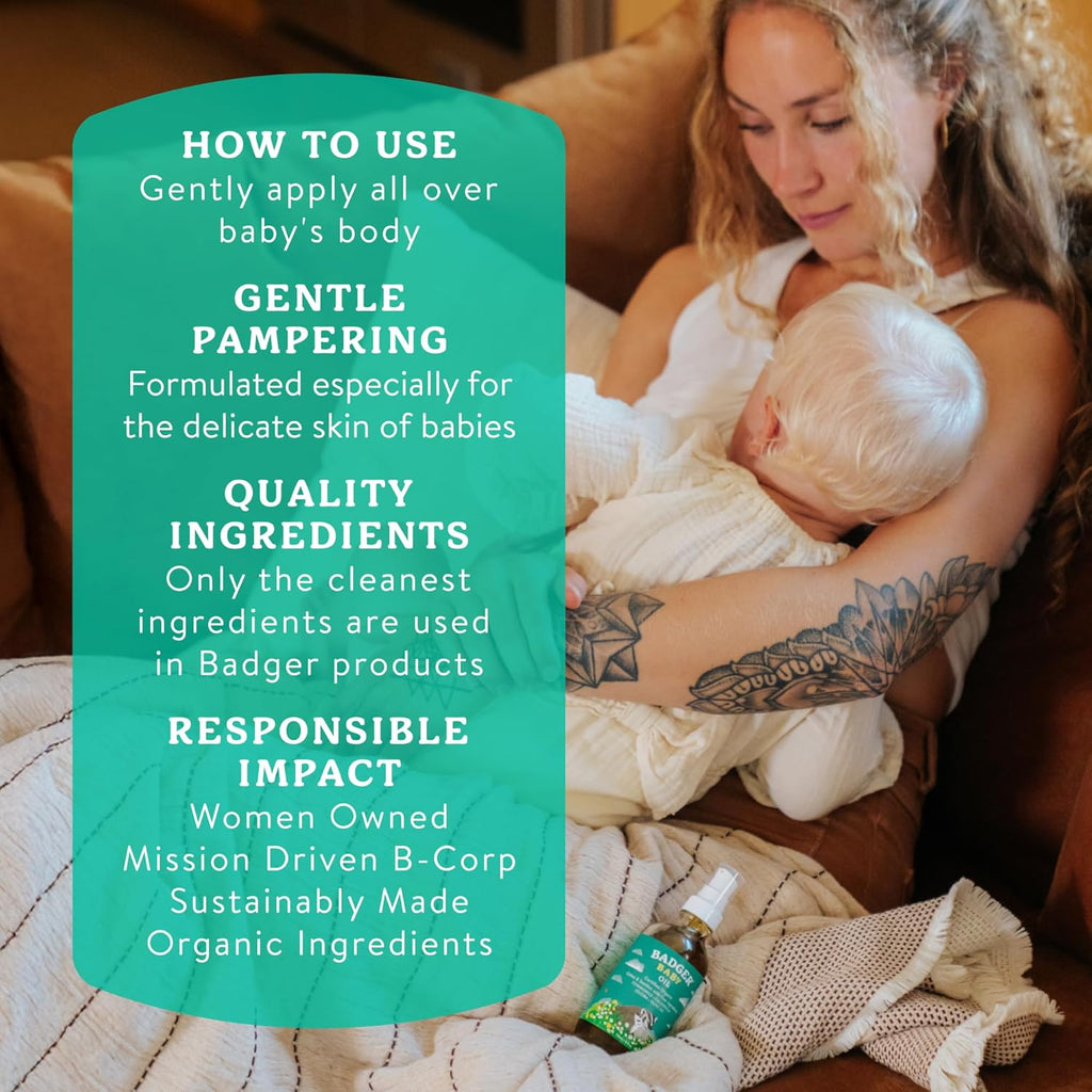Baby Oil, 100% Organic Ingredients to Soften & Moisturize Dry Skin or Cradle Cap, Soothing Vegan Organic Baby Oil, 4 Fl Oz Glass Bottle